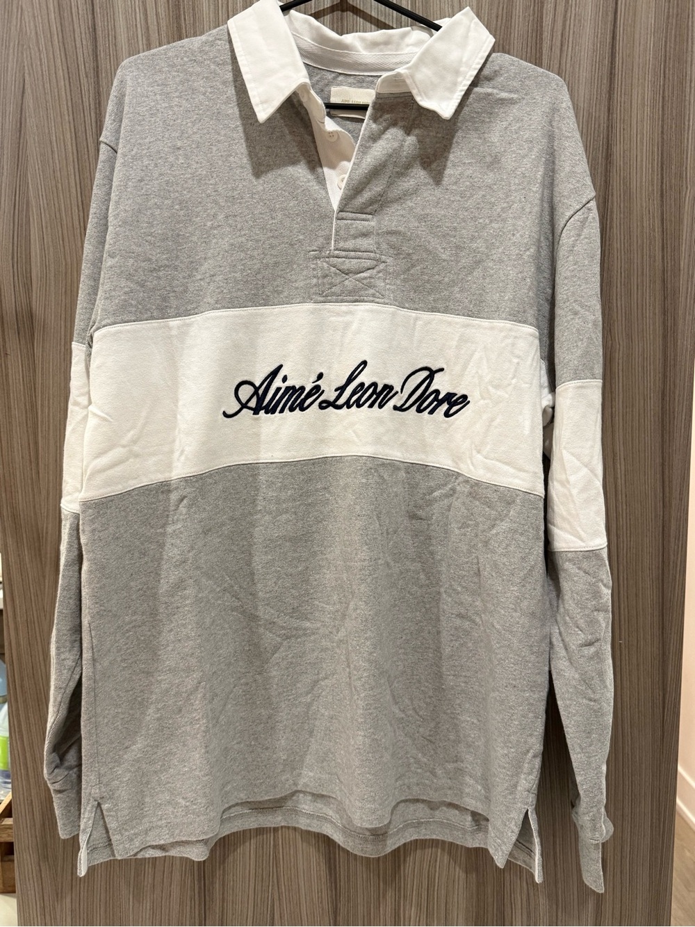 Aimé Leon Dore Silver Mix Script Paneled Rugby Shirt – Grey /White - Size L